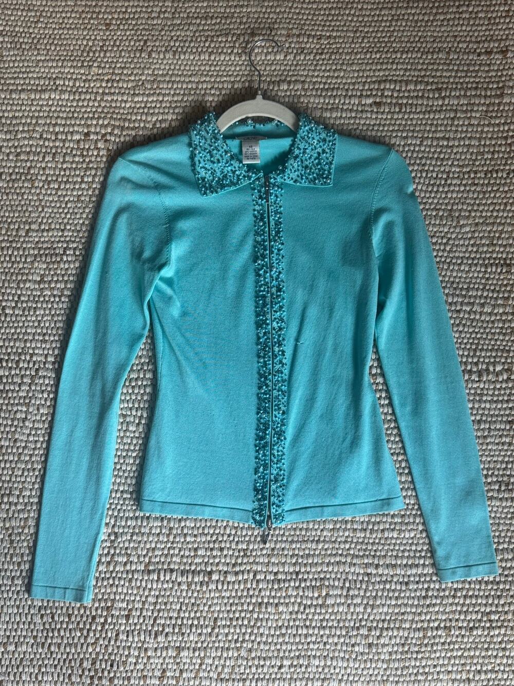 Cache Teal Beaded Double Zip Silk Sweater XS Y2K Glam Mermaidcore Coquette